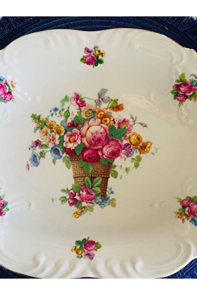 Bavaria Antika Beyaz Rölyefli ve Altın Yaldızlı Çiçek Desenli Alman Porseleni Muhteşem Çukur Tabak