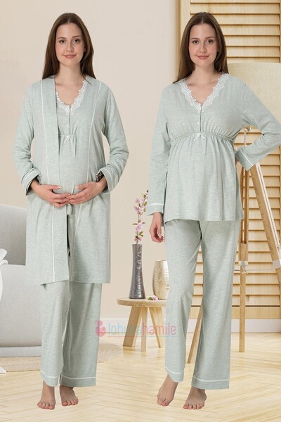 BLACKMORE Women's Water Green Melange Lace Design Maternity Maternity Dressing Gown-Pajama Set Set of 3