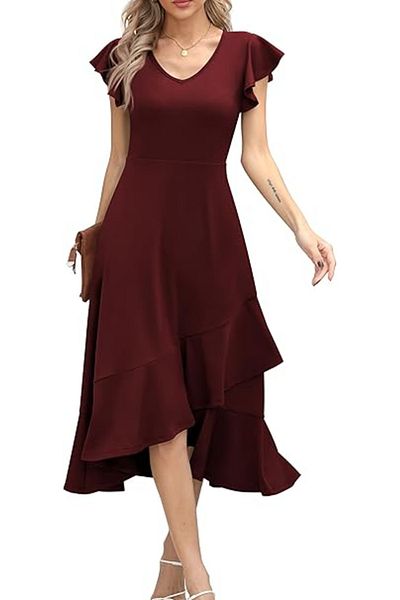 OEM Elegant summer dress, above-knee length, V-neckline, hidden zipper on the back, burgundy S