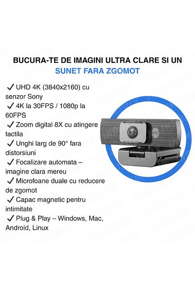 INOMEVIX Camera web 4K UHD INOMEVIX®, Autofocus, Zoom 8X, Microfon dual, USB-C, Plug & Play