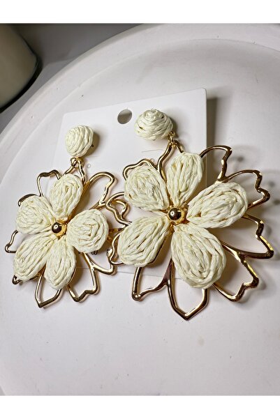 SHEEN HOUSE Renkli Sallantılı Çiçek Model Gold Renk Hasır Kağıt Küpe