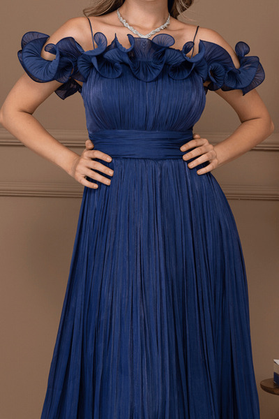 BEYBOS Şifon Kumaş Volan Detaylı Midi Elbise - LACİVERT