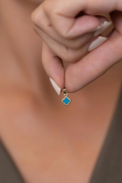 Bayar Gold 14 Ayar Altın Turkuaz Renkli Yonca Kolye Ucu