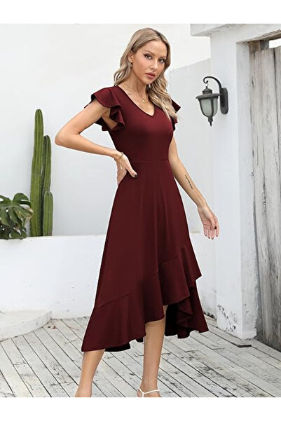 OEM Elegant summer dress, above-knee length, V-neckline, hidden zipper on the back, burgundy S