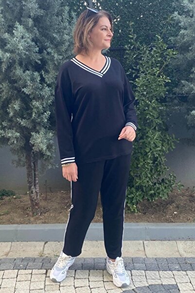 Mia Butik Plus Size Black V-Neck Sweatpants Set