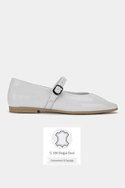 TUNAELLİ Women's White Patent Leather Genuine Natural Leather 36-41 Number Buckle Banded Ballet Ballet