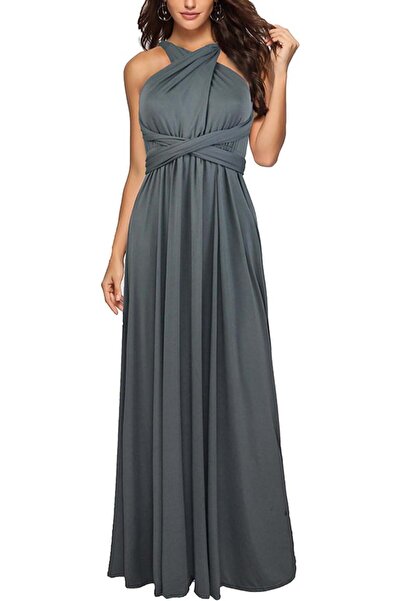 OEM Elegant long dress, sleeveless, open back, high waist, gray S