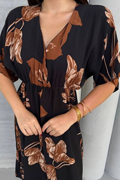 Mezka Kısa Kollu Beli Lastikli Desenli Midi Elbise