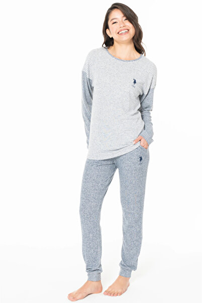 U.S. Polo Assn. Kadın Pijama Takımı, Cepli, Likra & Viskon Karışımlı, Uzun Kollu, Geniş Bisiklet Yaka, Yatay Çizgili