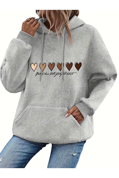 FUFLUNS سويت شيرت بقلنسوة للجنسين/رجال مطبوع عليه قلب كبير الحجم