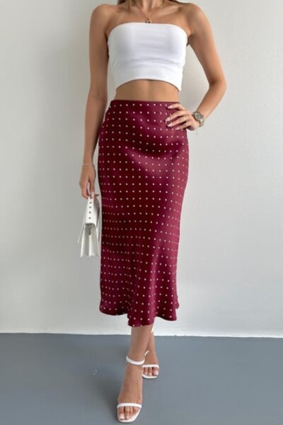Hisleria Polka Dot Pattern Viscose Satin Midi Length Skirt on Burgundy Background