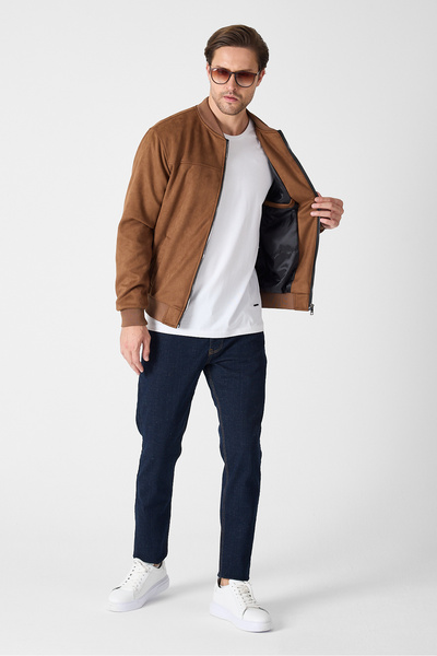 GEİO Men's Regular Fit Zippered Lined Nubuck College Jacket