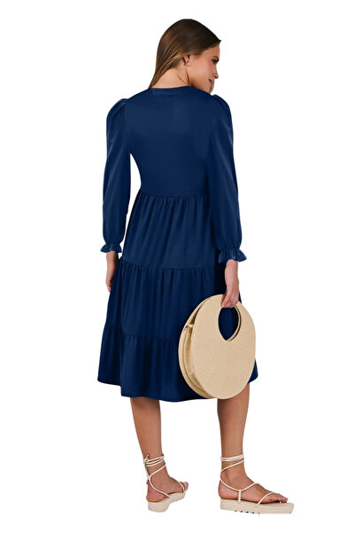 OEM Rochie lungă casual peste genunchi, cu mâneci lungi, Albastru L