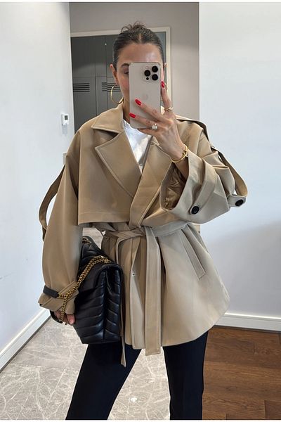 My Blog Trench scurt Camel oversize cu umăr jos - 9580