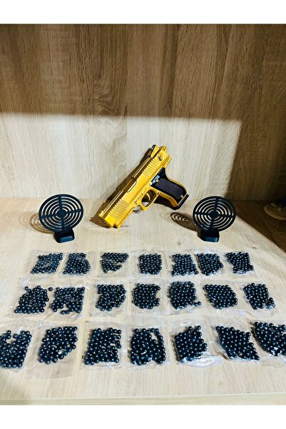 PeriYedi Gold Renk Boncuklu Oyuncak Tabanca 1 Adet + 2 adet hedef 9 cm Siyah ...