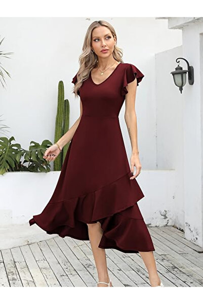 OEM Elegant summer dress, above-knee length, V-neckline, hidden zipper on the back, burgundy S