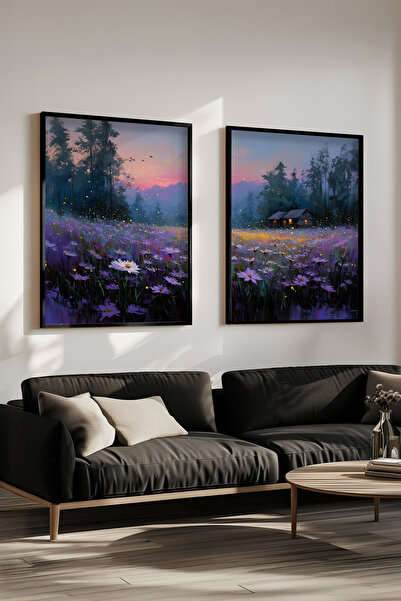 STARYUNA Set de picturi duble cu efect de pictură în ulei, cu rame din lemn negru, cu flori de lavandă, în tonuri de liliac, Yuna354