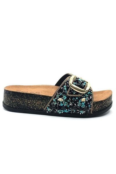 KCMN Feles Single Buckle Cork Sole Stone Detailed Women's Slippers Black