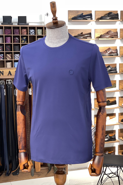 NAZEF Slim Fit Lycra Crew Neck Short Sleeve Indigo T-Shirt