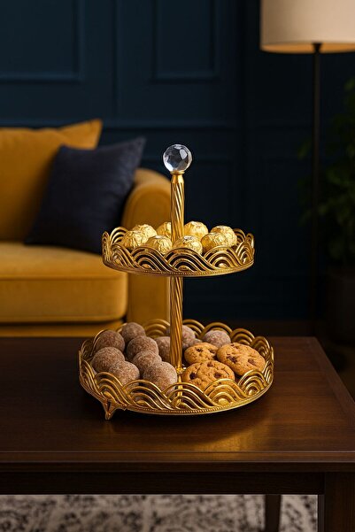 Pazarika Metal Gövdeli Aynalı 2 Katlı Sunumluk | Dekoratif İkramlık