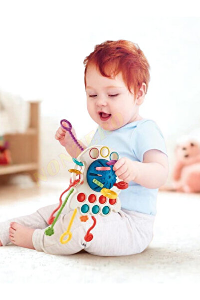NONZERO Montessori Stili Bebek Duyusal Gelişim Eğitici Oyuncağı -Silikon İpli- Mavi Çok Renkli