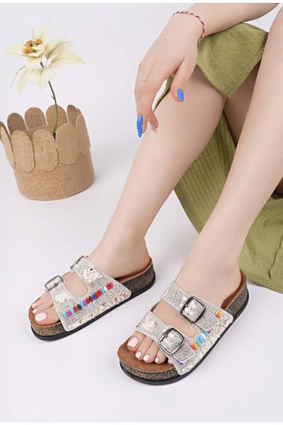 KCMN Feles Double Buckle Cork Sole Stone Detailed Women's Slippers White