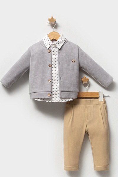 MixMax Bebe Baby Boy King Boy Button Cardigan-Patterned Shirt-Pants 3-Piece Suit