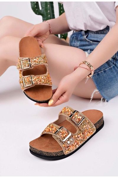 KCMN Feles Double Buckle Cork Sole Stone Detailed Women's Slippers Gold