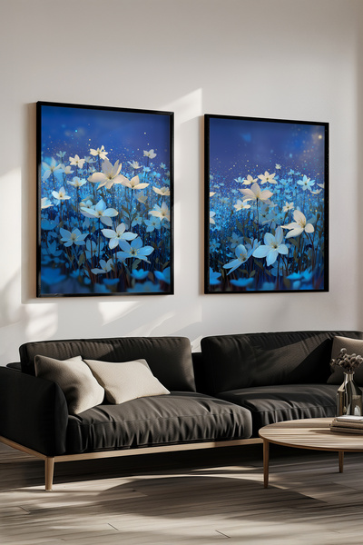 STARYUNA Set de pictură dublă cu flori de bujor alb în tonuri albastre cu cad...