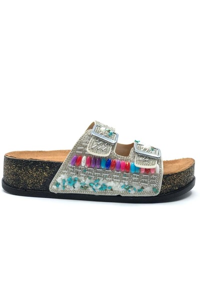 KCMN Feles Double Buckle Cork Sole Stone Detailed Women's Slippers Silver