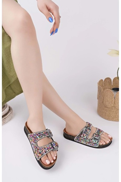 KCMN Feles Double Buckle Cork Sole Stone Detailed Women's Slippers Black