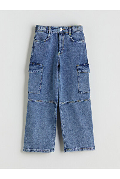 LC Waikiki Blue elastic waist adjustable cargo jeans for girls