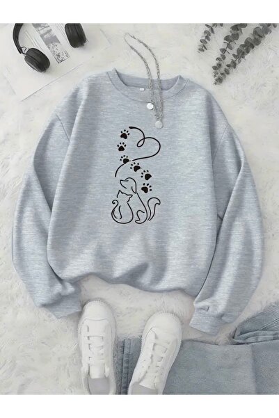 FUFLUNS Cat&Dog Printed Oversize Unisex Women/Men's Crewneck Sweatshirt