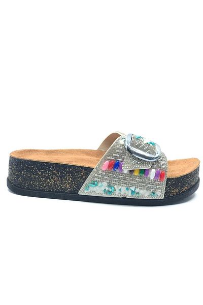 KCMN Feles Single Buckle Cork Sole Stone Detailed Women's Slippers Silver