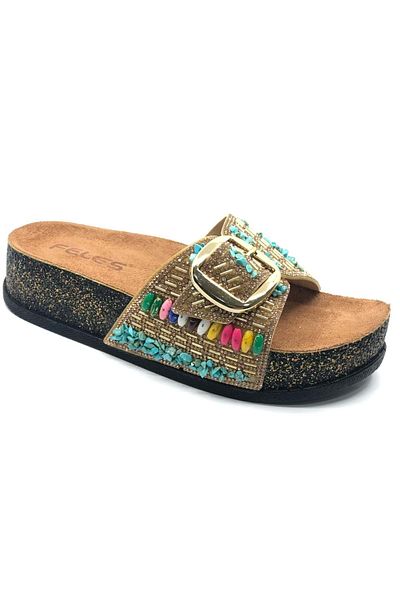 KCMN Feles Single Buckle Cork Sole Stone Detailed Women's Slippers Gold