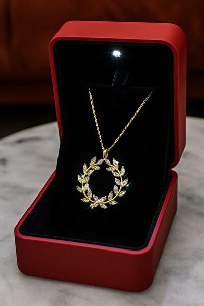 KAR DİAMOND 925 Ayar Gümüş Altın Kaplama Zirkon Taşlı Defne Dalı Kadın Kolye ...