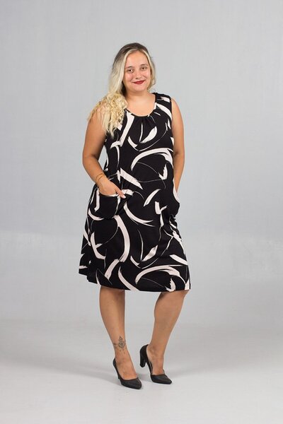 Truva XXL Plus Size Black Patterned Sleeveless Lycra Viscose Dress – Summer Chic with Front Pocket