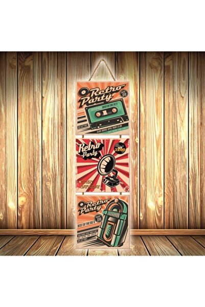 hazalshop Poster retro triplu din lemn, cu design retro pentru petreceri U336