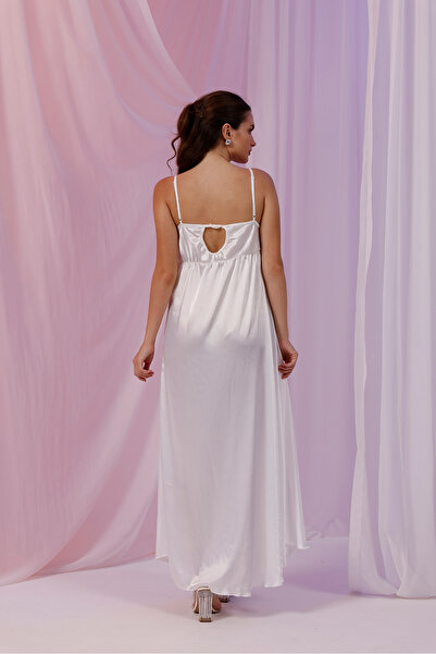 Yulem Homewear Екрю Спеціальний мереживний розріз з воланами на рукавах, пухнастий атласний комплект нічної сорочки та халата