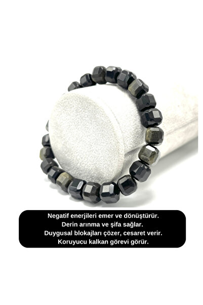 YILDIZ DOĞAL TAŞ SERTİFİKALI Obsidyen Küp Kesim Lastikli Doğal Taş Bileklik 8 mm