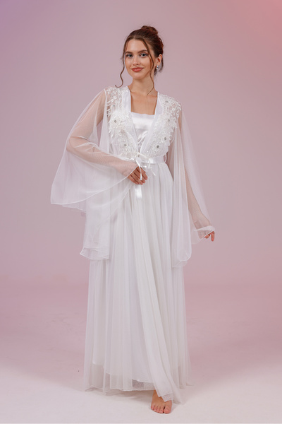 Yulem Homewear Ecru Lace Tulle Stone Satin Nightgown-Dressing Gown Set
