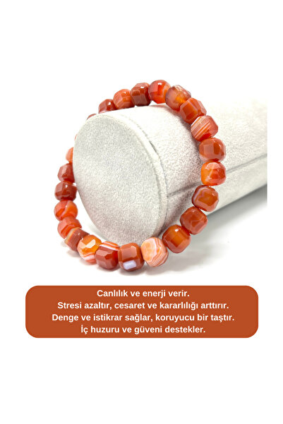 YILDIZ DOĞAL TAŞ SERTİFİKALI Kırmızı Akik Küp Kesim Lastikli Doğal Taş Bileklik 8 mm