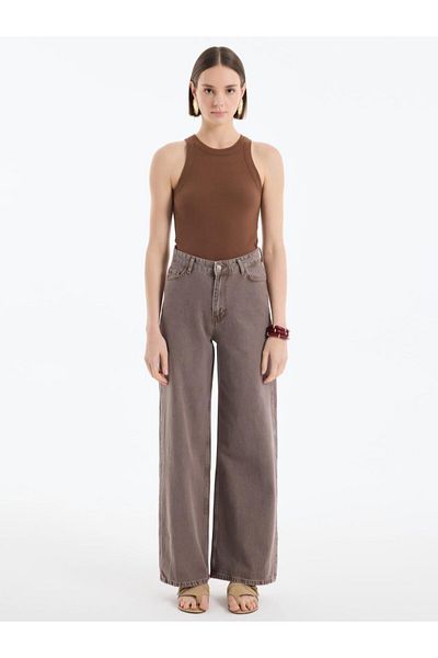 Quzu Washed Detailed Loose Jeans Brown