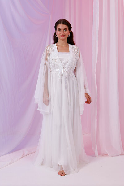 Yulem Homewear Ecru Special Lace Milano Design Feathered Satin Nightgown-Dressing Gown Set