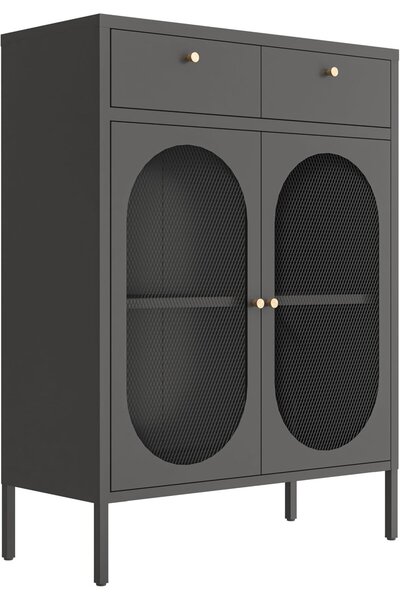 OEM Dulap lateral metalic cu rafturi detașabile, 2 uși de sticlă, 2 sertare, negru, 110 x 80 x 35 cm