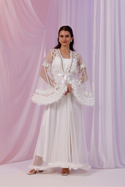 Yulem Homewear Ecru Special Design Fancy Lace and Stone Chain Embroidered Satin Nightgown-Dressing Gown Set
