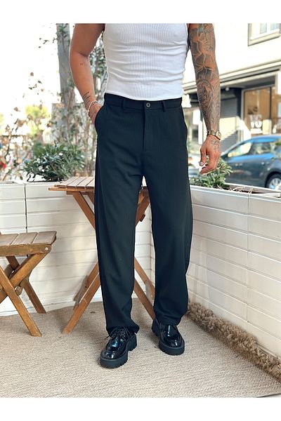 manch collection Striped Baggy Fabric Trousers Navy Blue