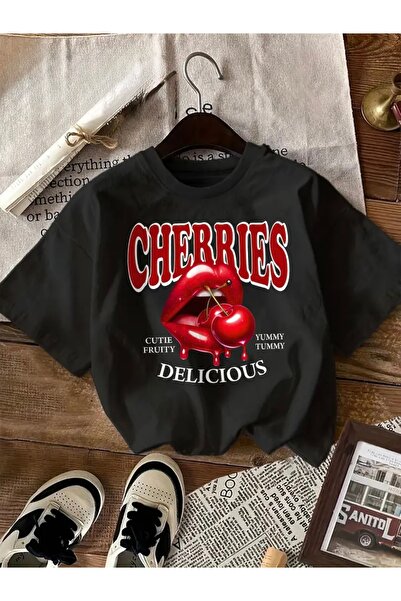 FUFLUNS تي شيرت برقبة دائرية للجنسين مطبوع عليه الكرز