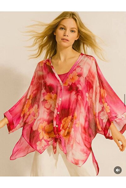 CELTMODA Women's Floral Patterned Tank Top Imported Silk Blouse - Pink