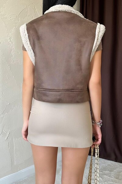 369 etnik butik Suede Look Vest with Faux Fur Details